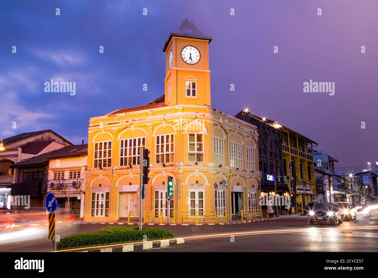 Old town with public clock tower is landmark of Phuket, Thailand Stock