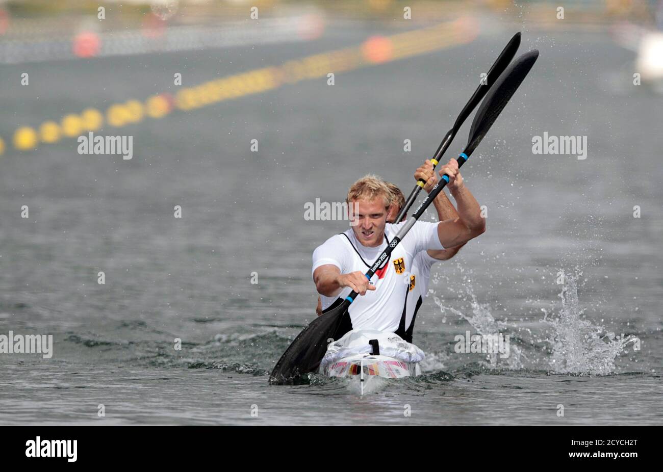 Germany's Martin Hollstein and Andreas Ihle compete in the men's kayak  double (K2) 1000m heat at the Eton Dorney during the London 2012 Olympic  Games August 6, 2012. REUTERS/Darren Whiteside (BRITAIN -