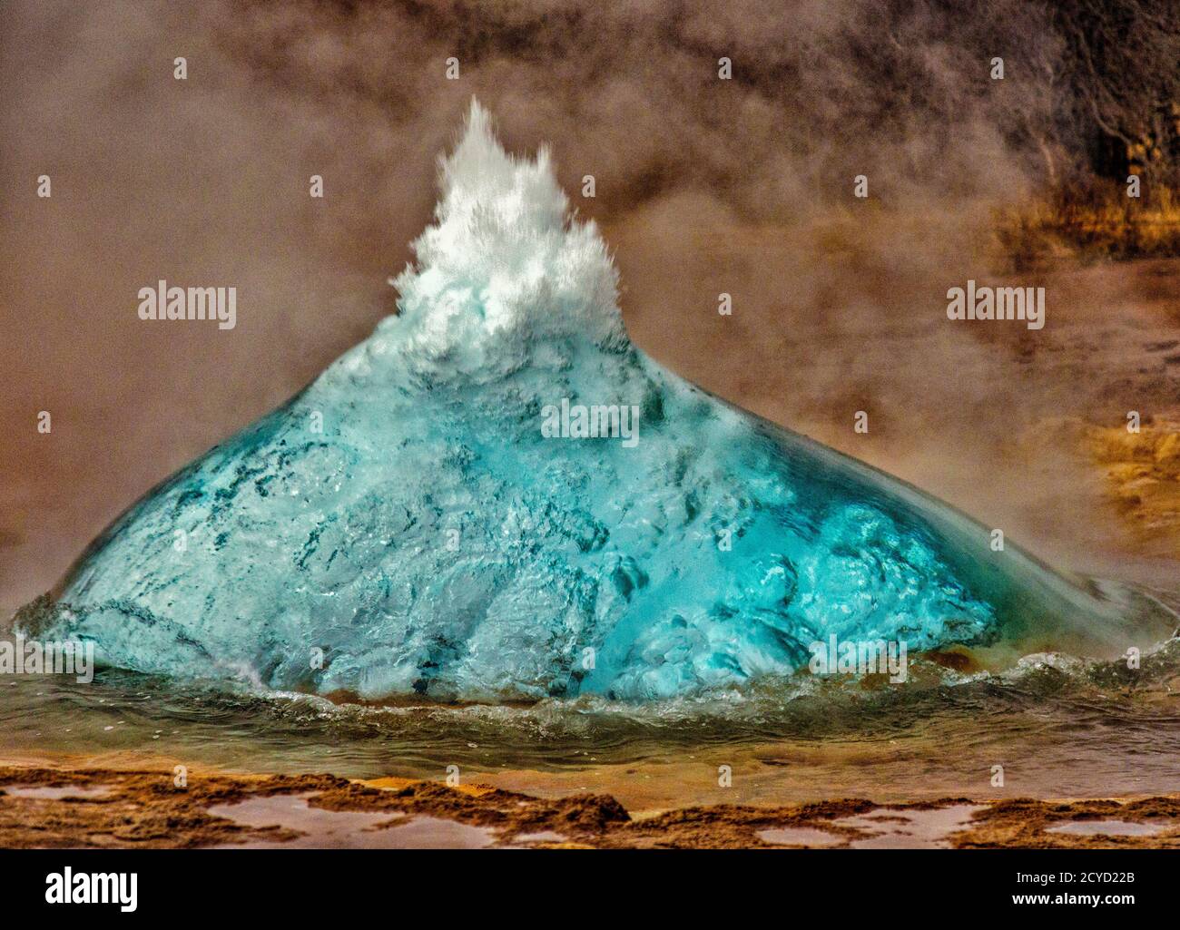 Geyser in Iceland begins eruption by first forming a bubble of hot