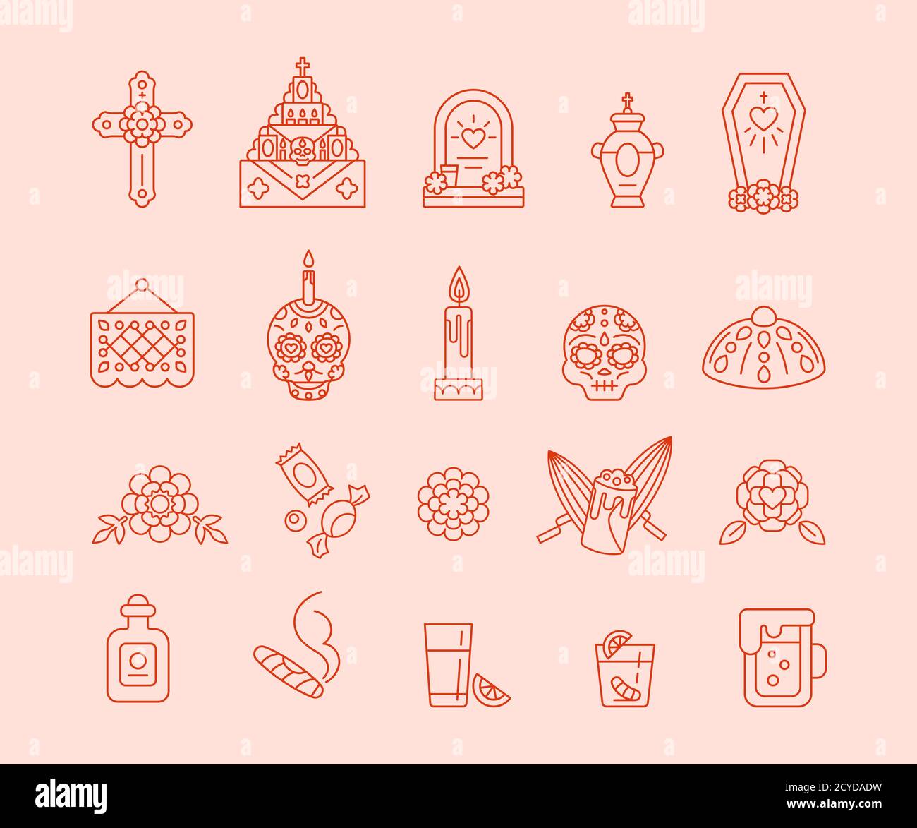 Set of linear icons for celebration of Dia de Muertos. Day of The Dead - Mexican traditional symbols, outline style Stock Vector