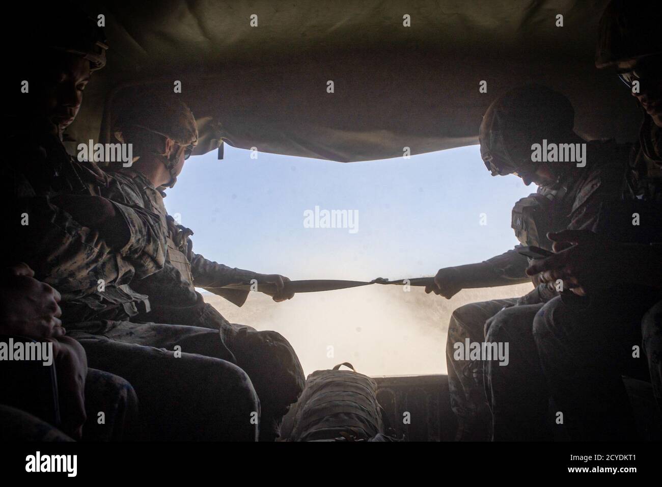 U.S. Marines with I Marine Expeditionary Force Information Group ride in a Humvee after a live-fire range at Marine Corps Base Camp Pendleton, California, Sept. 23, 2020. I MIG conducted the training to familiarize Marines with firing a recoilless, light anti-tank weapon. (U.S. Marine Corps photo by Lance Cpl. Isaac Velasco) Stock Photo