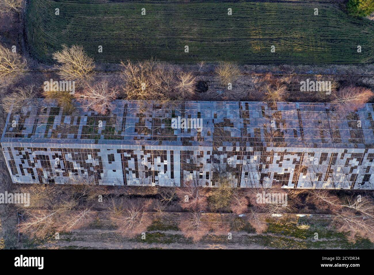 Abandoned derelict industrial greenhouse ruins in autumn time, aerial view Stock Photo