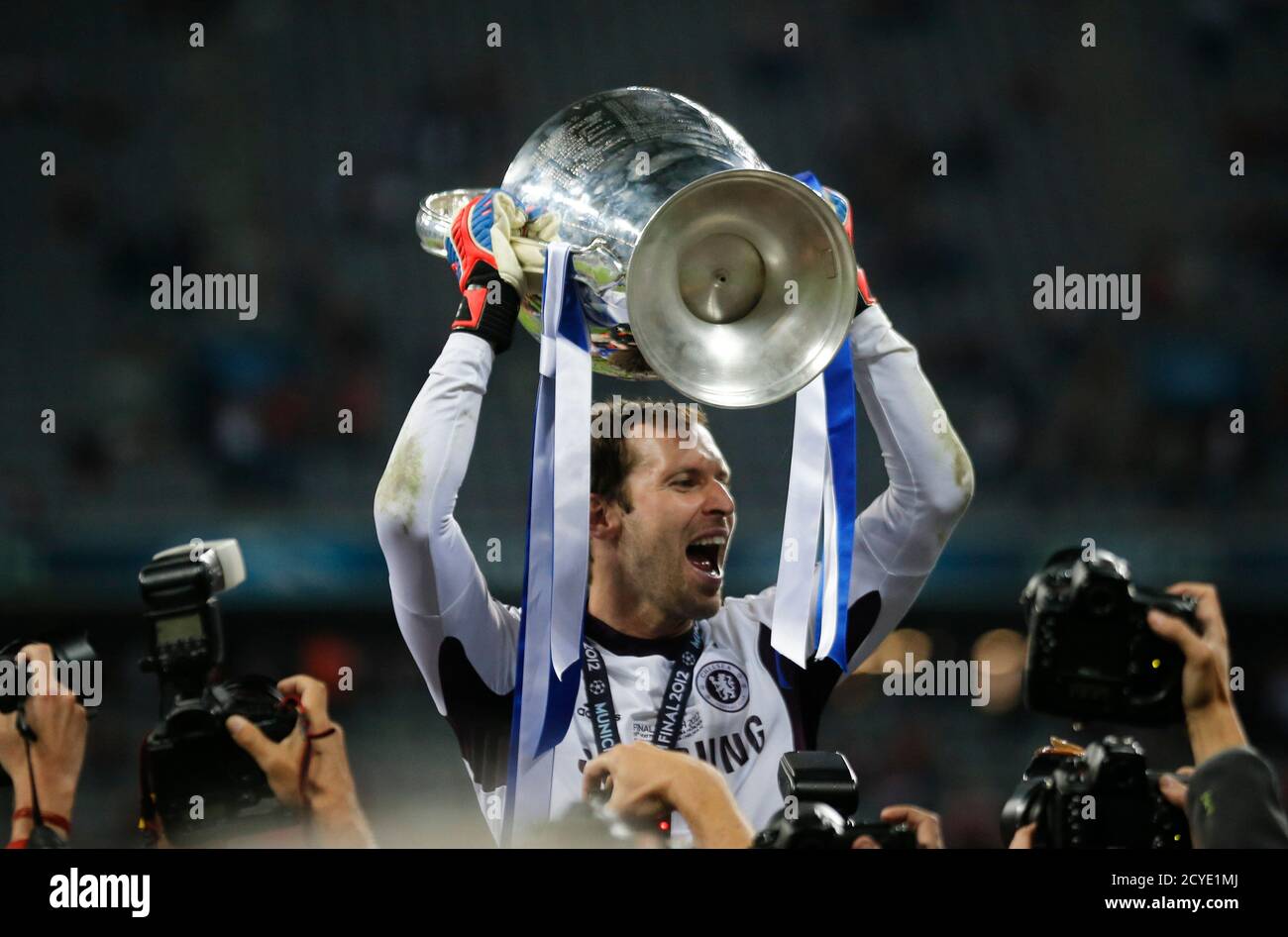 Petr Cech Of Chelsea Celebrates With The Uefa Champions League Trophy After Their Final Soccer Match