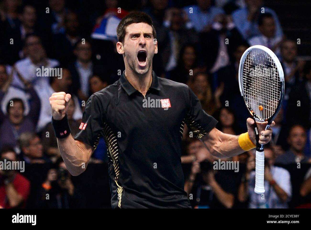 Serbia's Novak Djokovic celebrates beating Switzerland's Roger Federer in  their final tennis match at the ATP World Tour Finals at the O2 Arena in  London November 12, 2012. Djokovic cemented his place