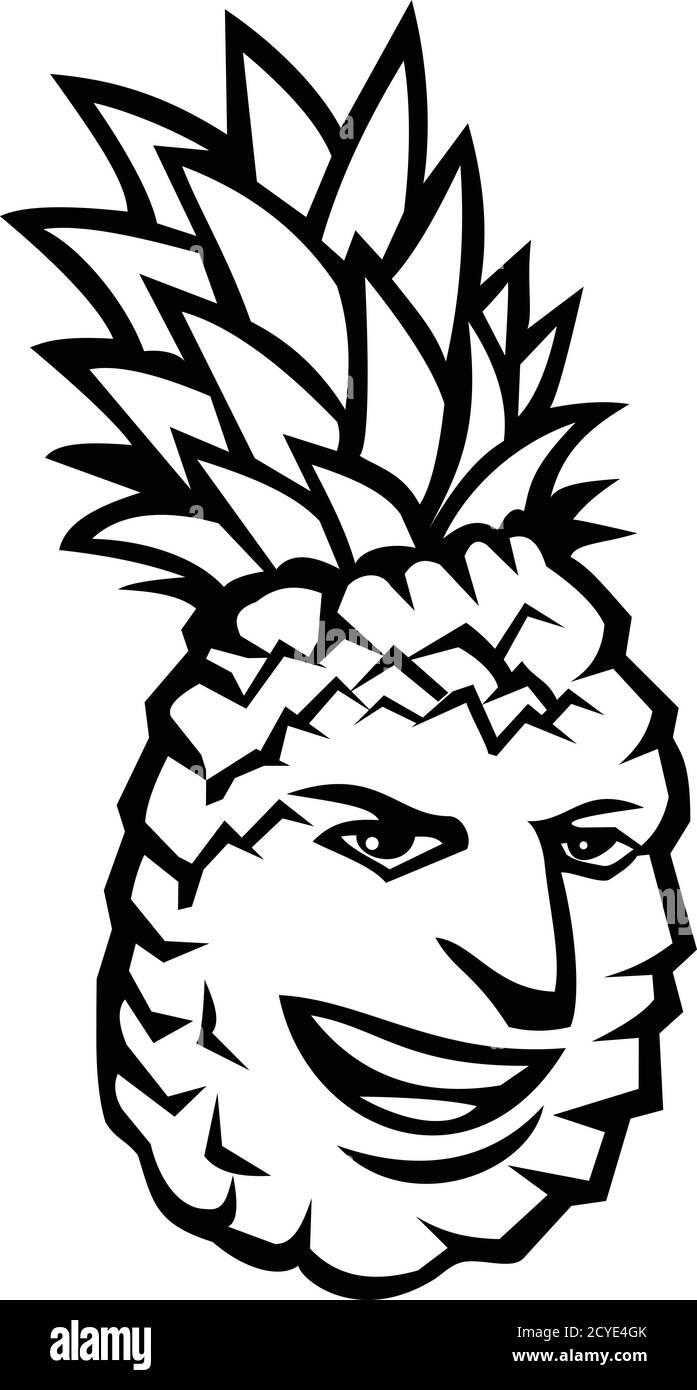 Mascot illustration of a pineapple fruit or Ananas comosus, a tropical plant with edible fruit in family Bromeliaceae, happy, smiling, grinning on iso Stock Vector