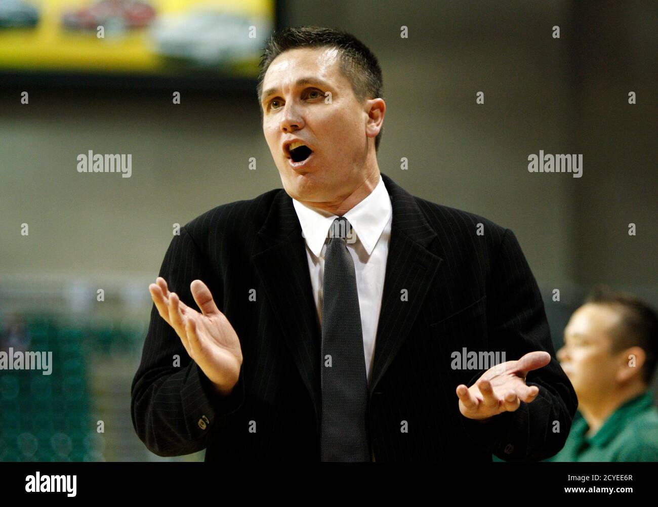 San Francisco Dons Head Coach Rex Walters reacts to a referee's call during their West Coast Conference Championships basketball game at the Orleans Arena in Las Vegas, Nevada March 1, 2012.  REUTERS/Steve Marcus (UNITED STATES - Tags: SPORT BASKETBALL) Stock Photo
