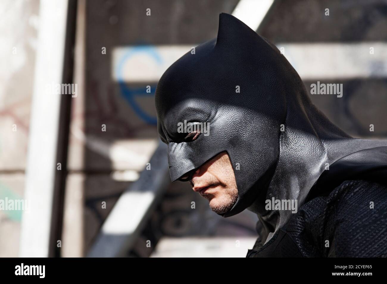 Umea, Norrland Sweden - September 5, 2020: Batman character squints with eyes in the strong sunlight Stock Photo