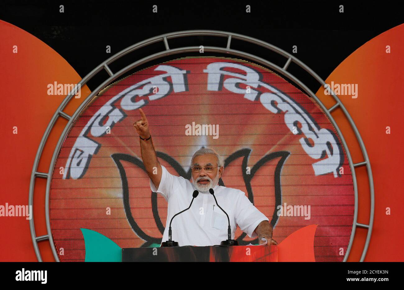 Hindu nationalist Narendra Modi, prime ministerial candidate for India's  main opposition Bharatiya Janata Party (BJP) and Gujarat's chief minister  addresses his party supporters during a rally in New Delhi September 29,  2013.