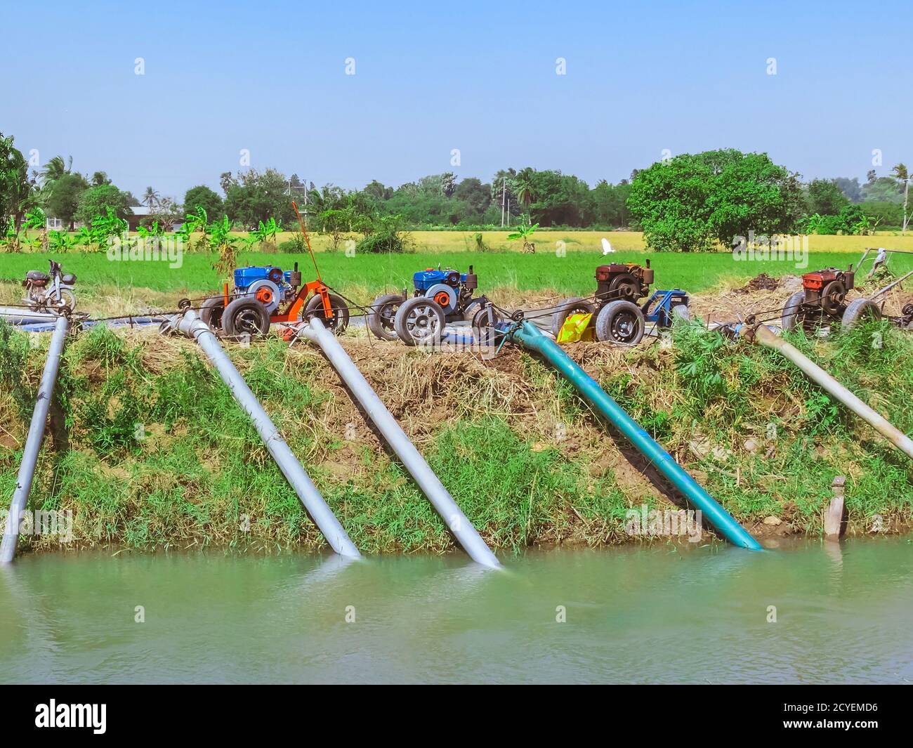 Row of water pump on trailer used to pump water from irrigation canal