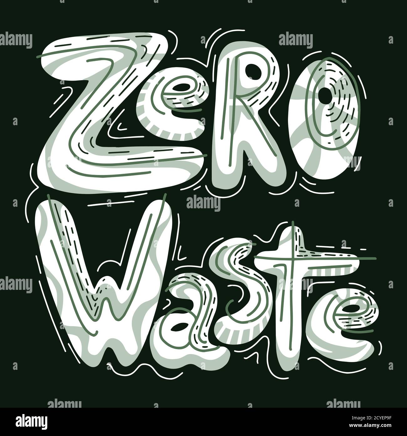 Handwritten white lettering Zero waste with ornaments on dark background. Ecological illustration. The object is separate from the background. Vector Stock Vector