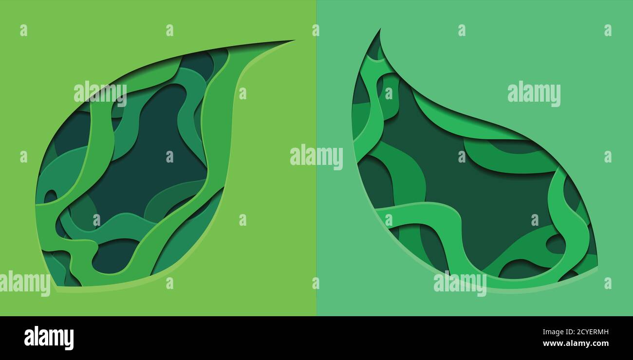 Set of green 3d tree leaf cut out from paper. Ecological illustration ...