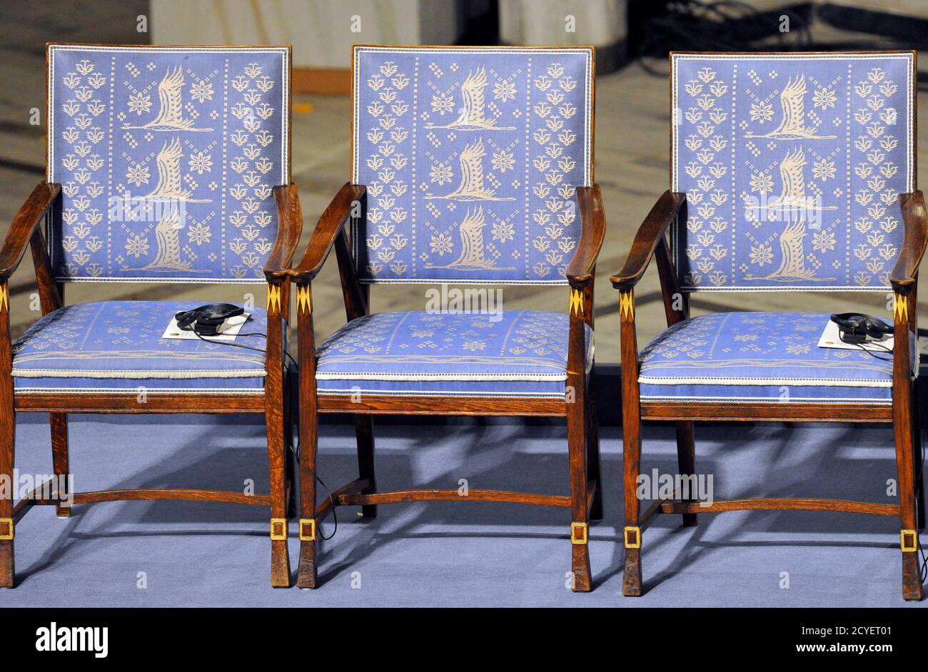 An empty chair without audio equipment where Nobel Peace Prize winner Liu  Xiaobo should sit is seen before the Nobel Peace Prize ceremony in Oslo,  December 10, 2010. China's rivals welcomed on