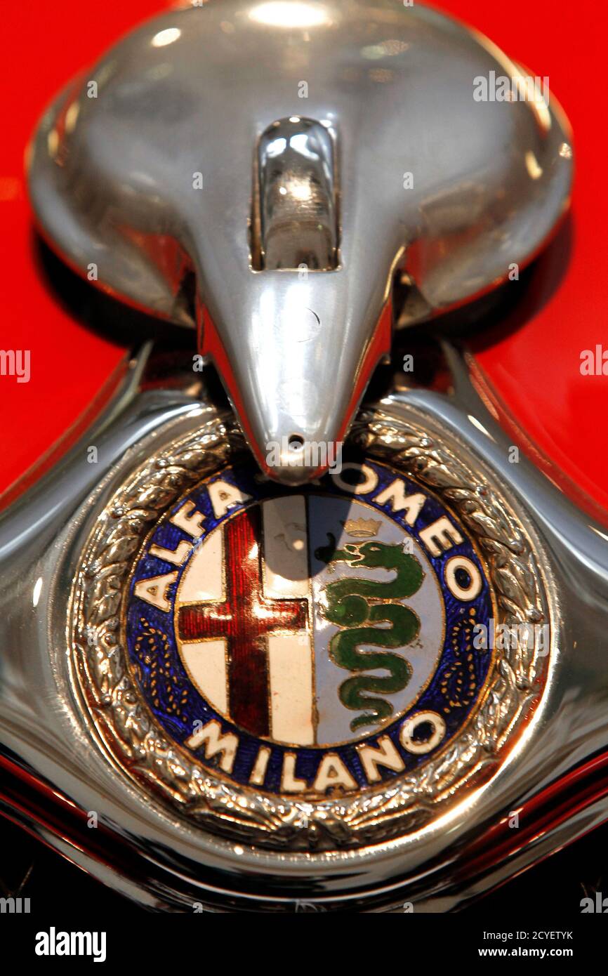 The logo of an Alfa Romeo 8C 2900 Mille Miglia 1938 vintage sport car is  seen during the press day of the exhibition 'The Art of the Automobile,  Masterpieces from the Ralph