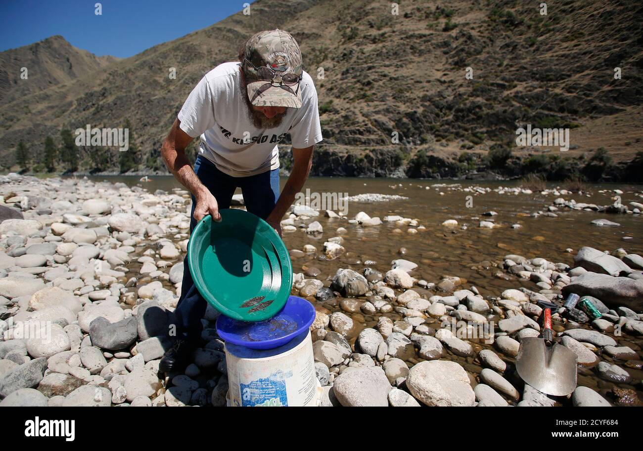 B. Dennis Dutcher pans for gold along the Salmon River near Riggins, Idaho July 3, 2014. Citing states' rights, miners were using portable pumps and hoses to collect gravel and sand from the streambed of a stretch of the federally protected Salmon River, which is closed to suction dredging and other mining by the U.S. Environmental Protection Agency to protect imperiled fish.  REUTERS/Jim Urquhart  (UNITED STATES - Tags: POLITICS ENVIRONMENT BUSINESS COMMODITIES CIVIL UNREST) Stock Photo