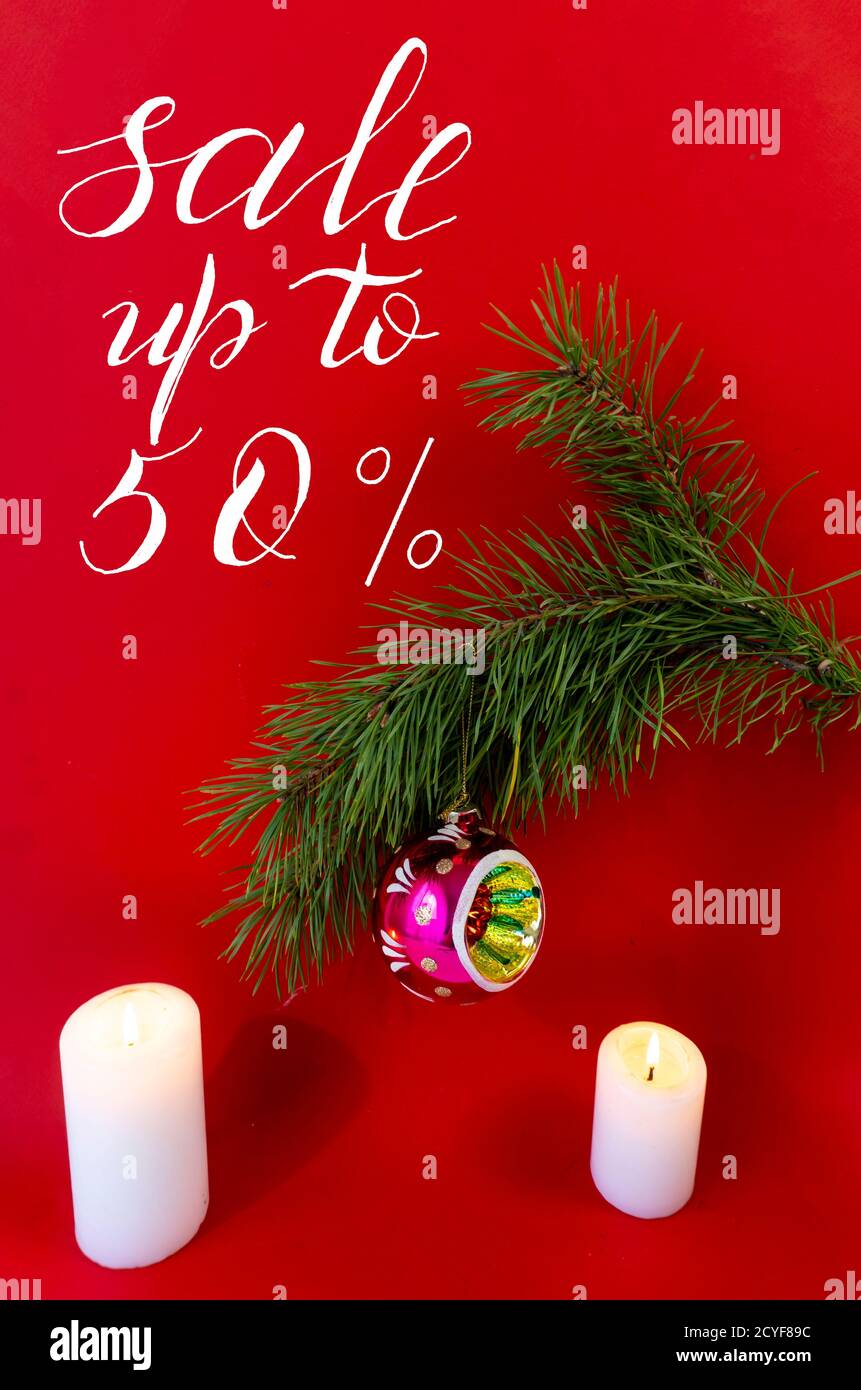 Internet banner, card, flyer about New Year, Christmas discounts, text -  sale up to 50, on a red background Stock Photo