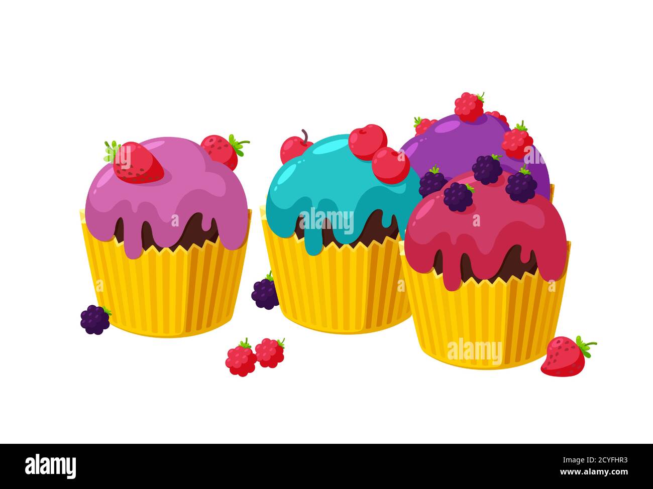 Cupcakes with cherry, raspberry, blackberry and strawberry. Set of birthday muffins in paper cup. Tasty desserts with shiny frosting. Vector Stock Vector