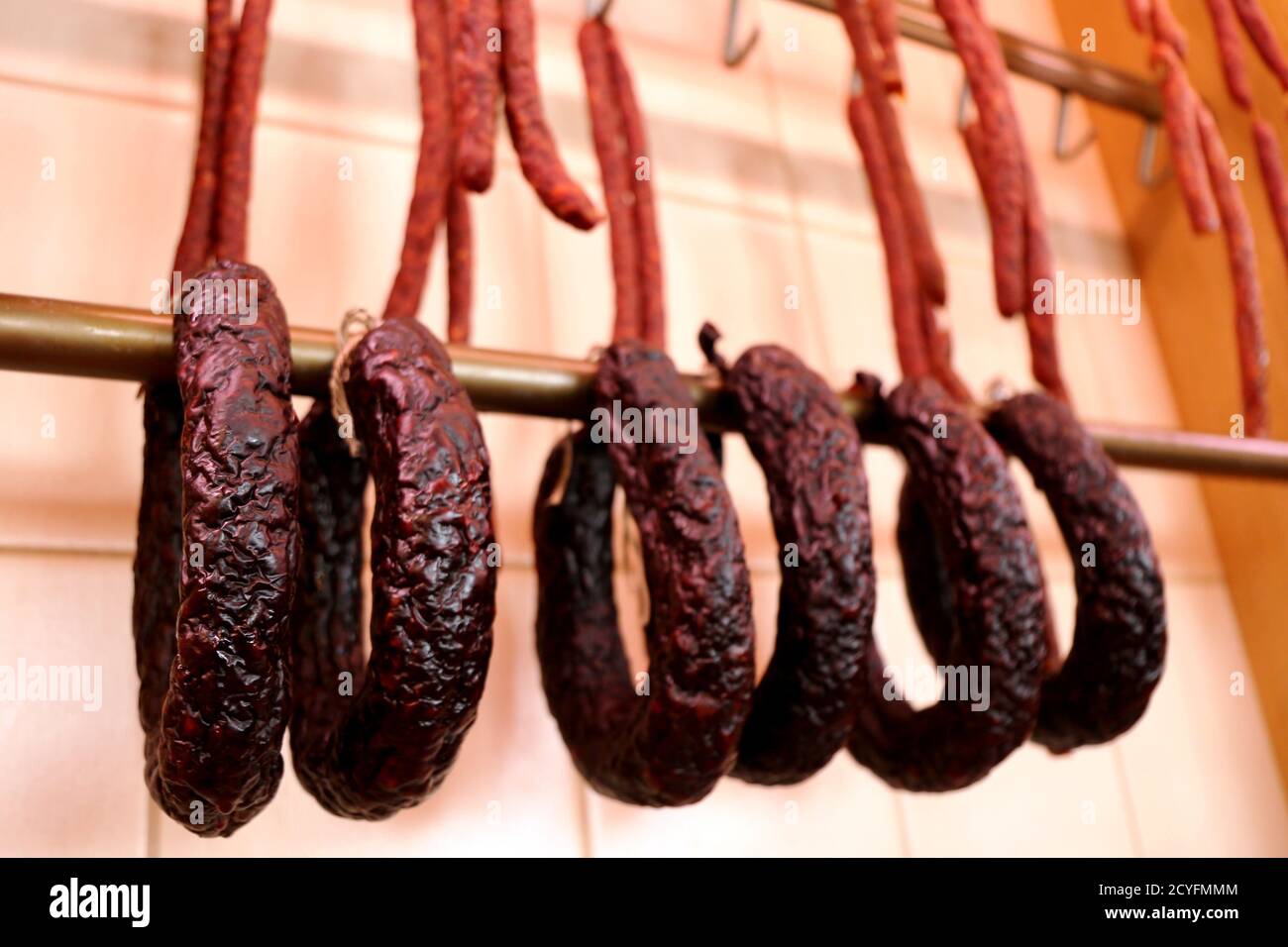 Air dried sausage in a butchery Stock Photo Alamy