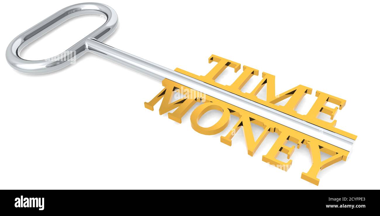 Time and money with key isolated, 3D rendering Stock Photo