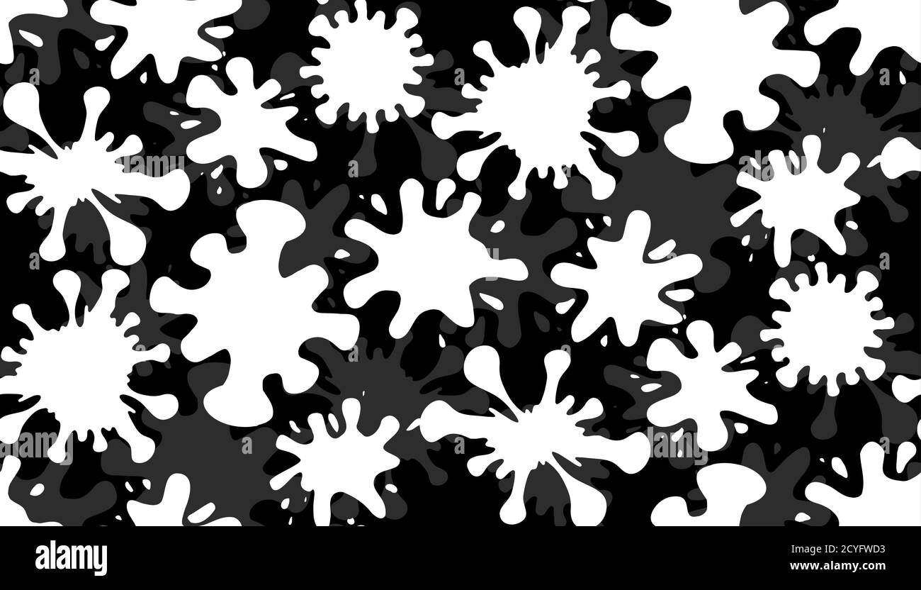 Seamless black and white pattern with white spots of paint on a black background. Vector Texture