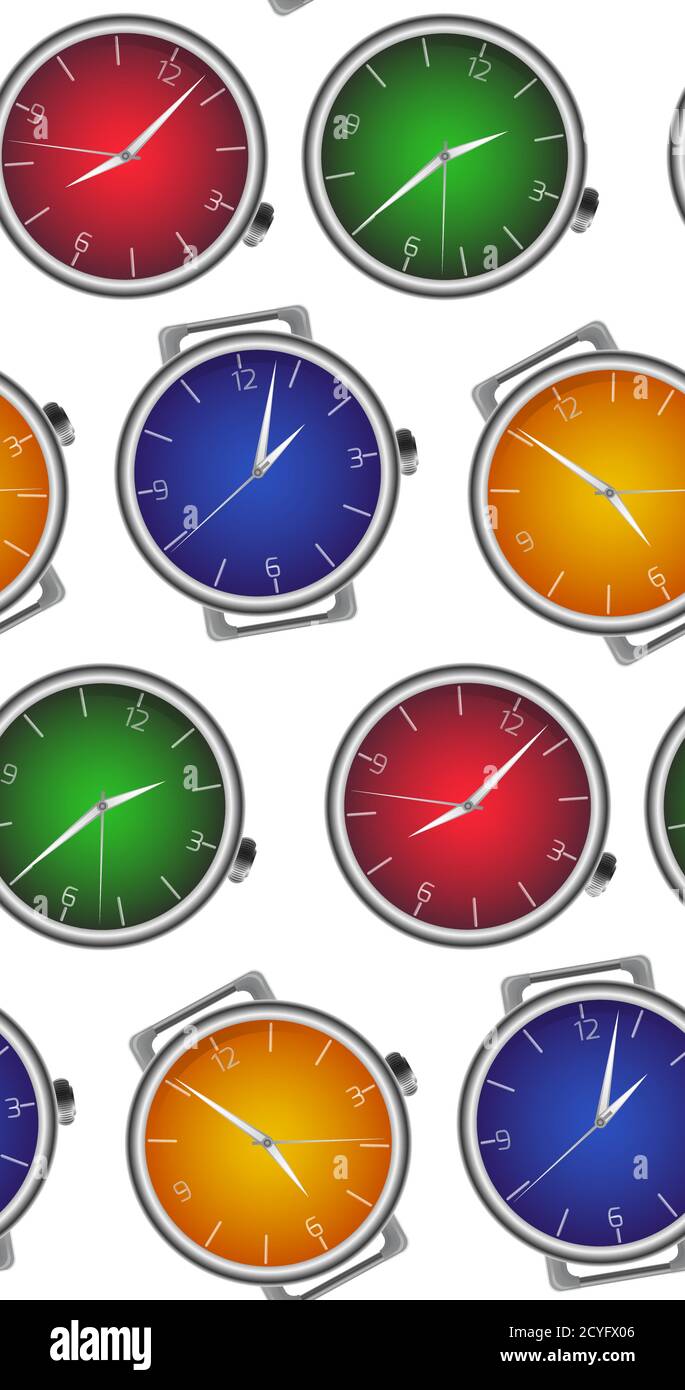 Seamless texture with multicolored realistic clock. Vector pattern for