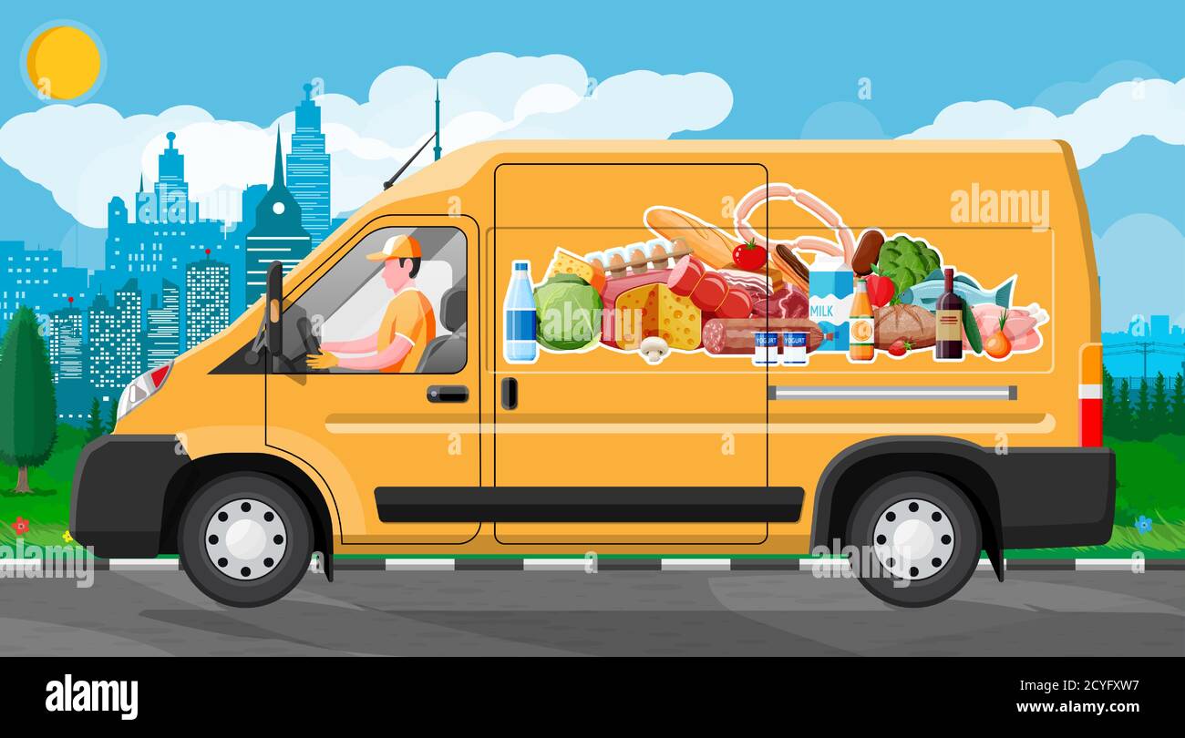 van car full of food products. Shop and farm delivering service. Delivery  and selling grocery products concept. Meat, milk, bread, vegetables. Cargo  and logistic. Cartoon flat vector illustration Stock Vector Image &