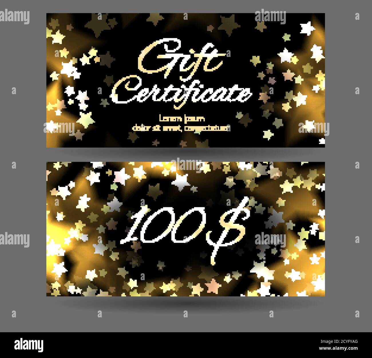 Gift certificate with sparks and stars on a dark background. Festive offer. Template for your creativity Stock Vector