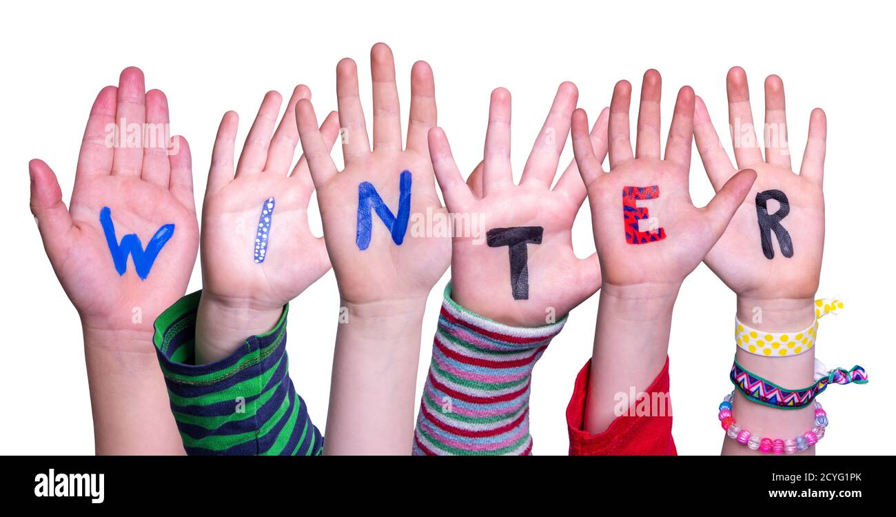 Children Hands Building Word Winter, Isolated Background Stock Photo