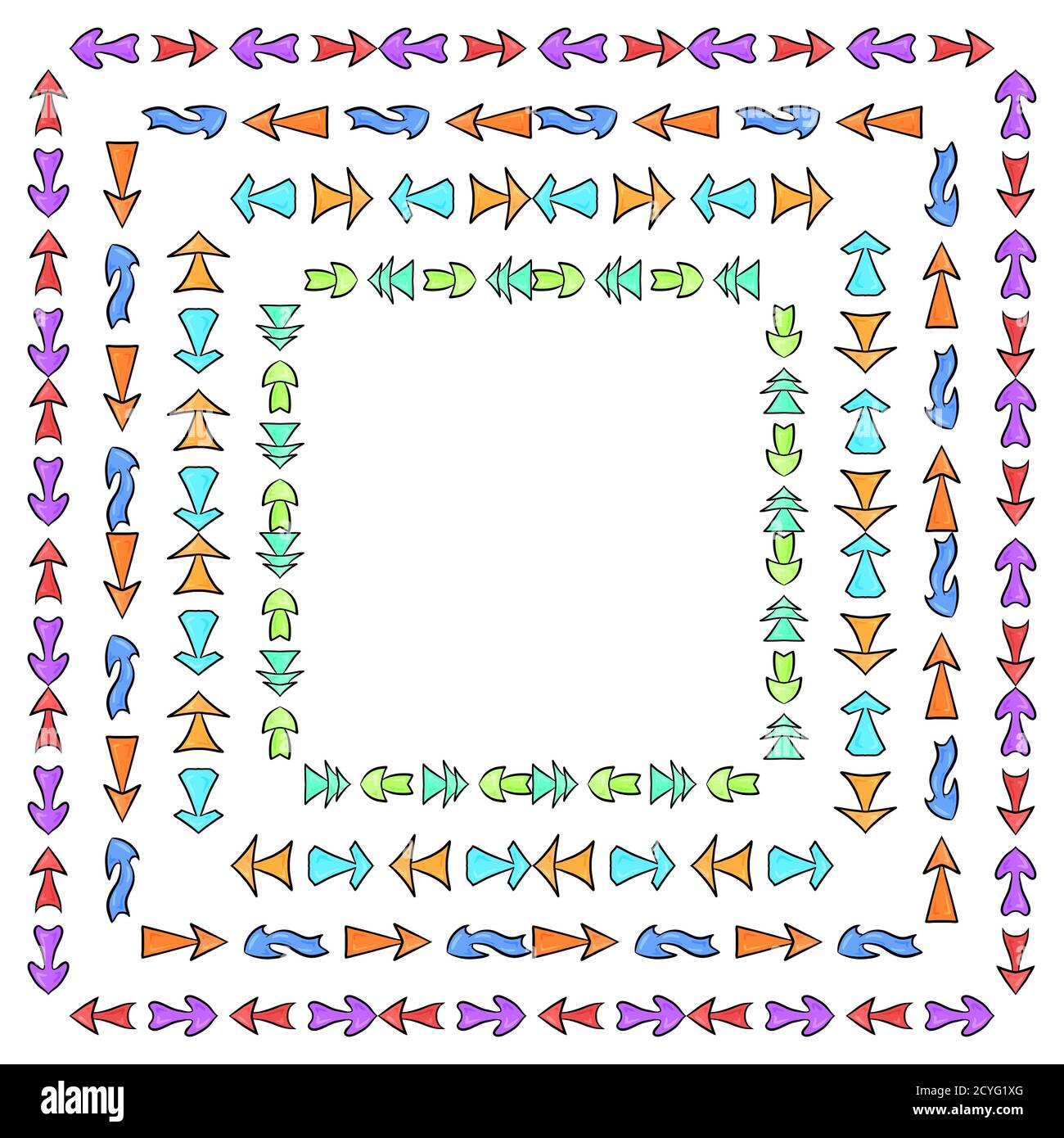 Set of square frames from hand drawn multicolored different arrows. Vector background for your design. Stock Vector