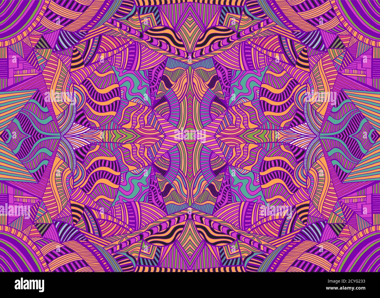 Psychedelic kaleidoscope colorful background with many crazy geometric pattern. Stock Vector