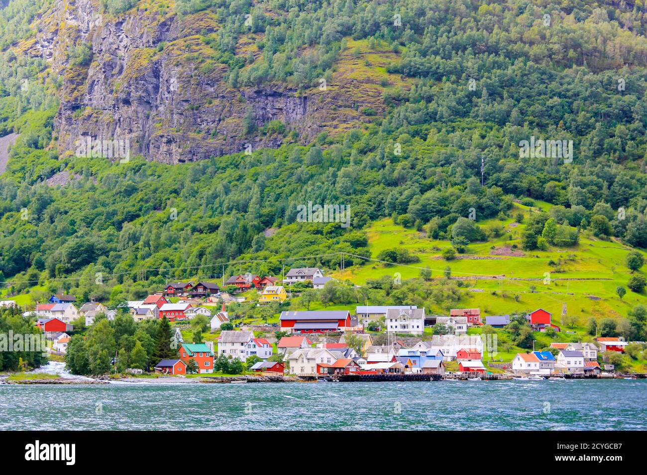 Beautiful and colorful touristic Undredal village Aurlandsfjord Aurland Vestland Sognefjord in Norway. Stock Photo