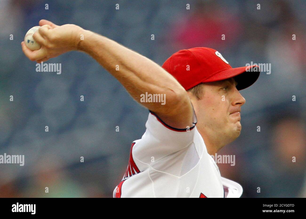 Washington Nationals starting pitcher Jordan Zimmermann throws in the first inning against the New York Mets at Nationals Park in Washington, June 5, 2012.     REUTERS/Jason Reed  (UNITED STATES - Tags: SPORT BASEBALL) Stock Photo