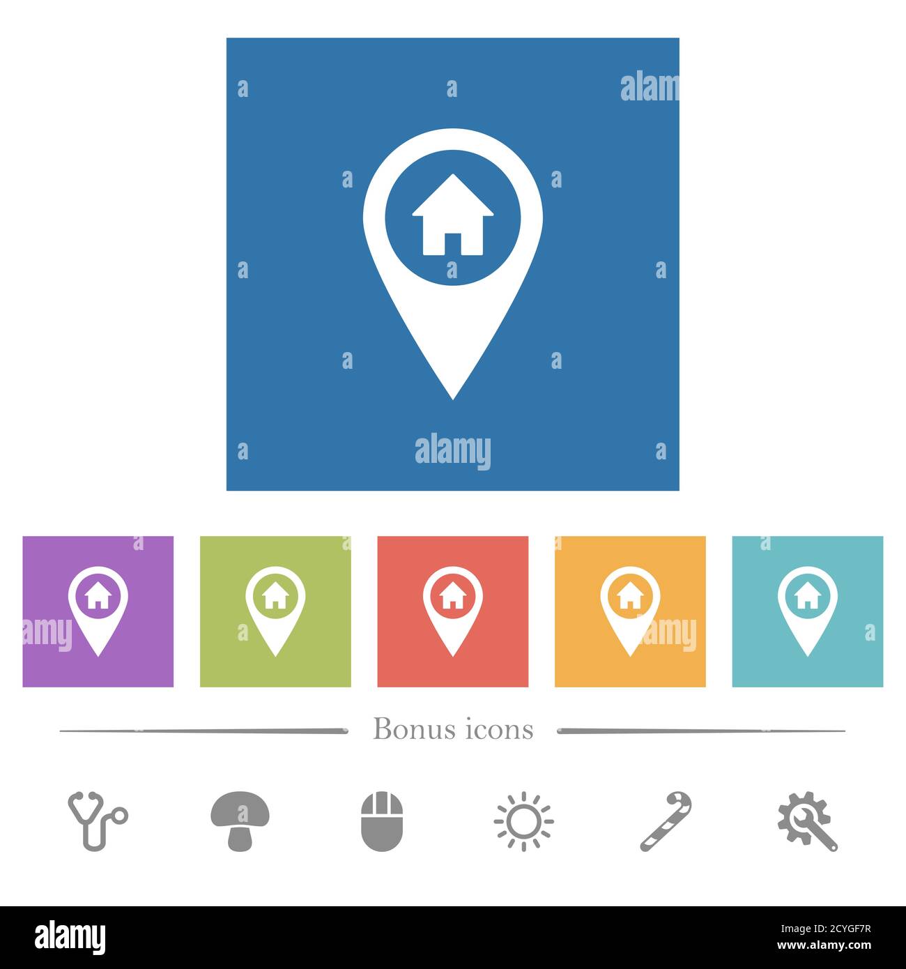 Home address GPS map location flat white icons in square backgrounds. 6 ...