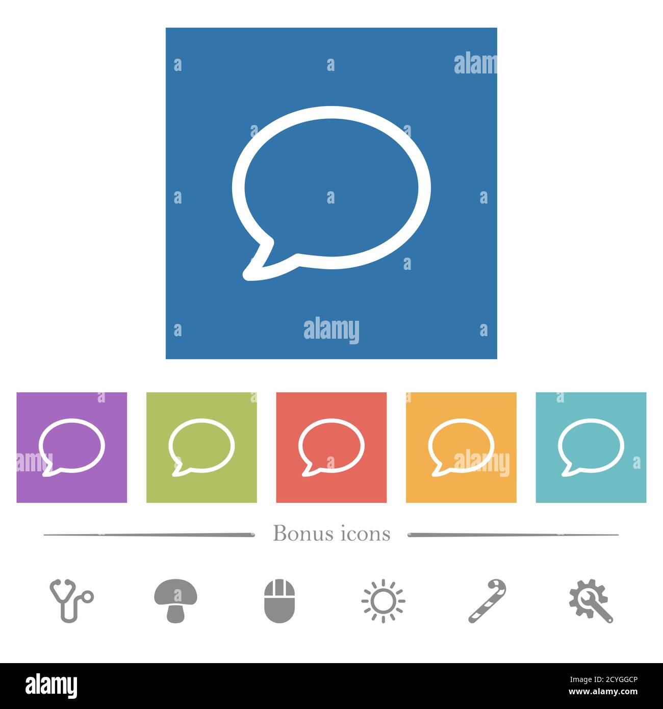 Empty comment bubble flat white icons in square backgrounds. 6 bonus ...