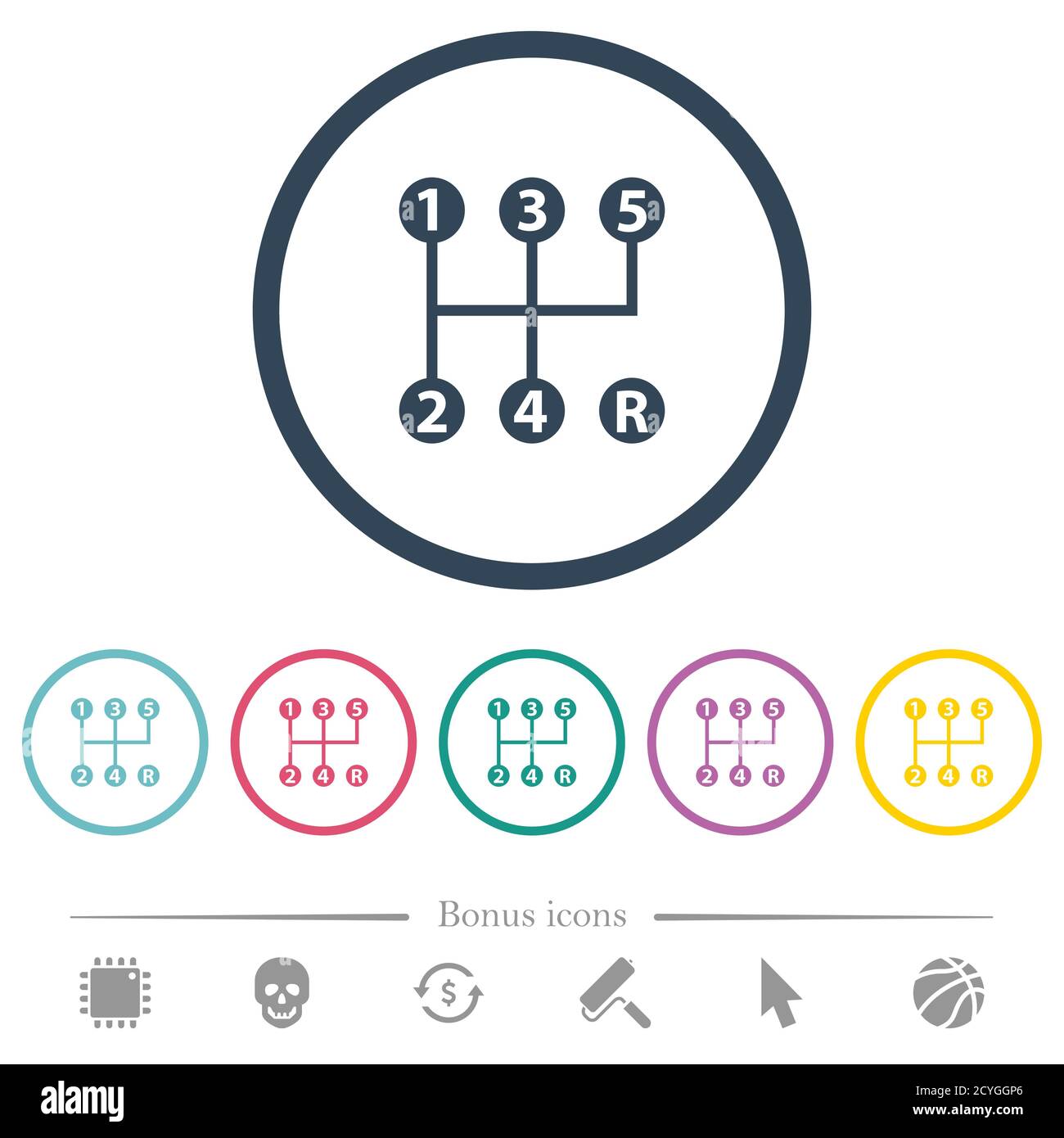 five speed manual gear shift flat color icons in round outlines. 6