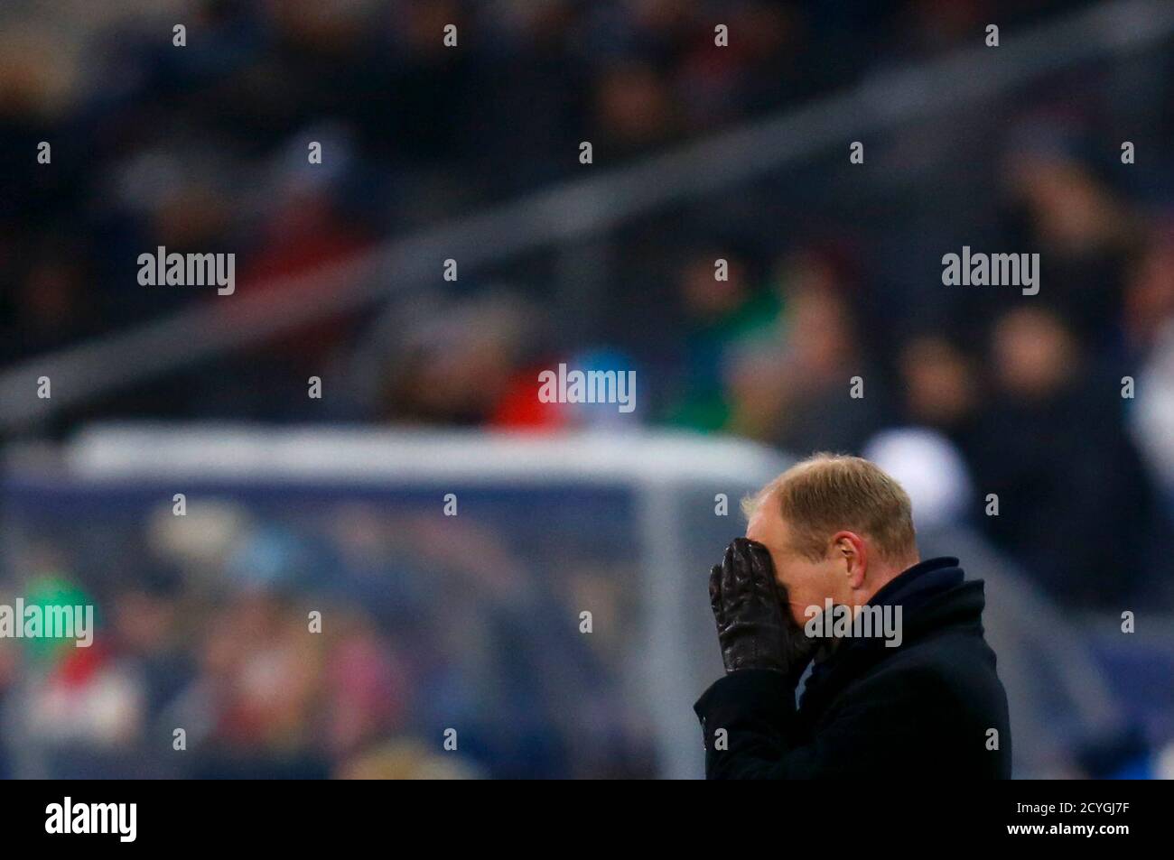 Esbjerg fB's coach Niels Frederiksen reacts during their Europa League soccer match in Salzburg December 12, 2013. REUTERS/Dominic Ebenbichler  (AUSTRIA - Tags: SPORT SOCCER) Stock Photo