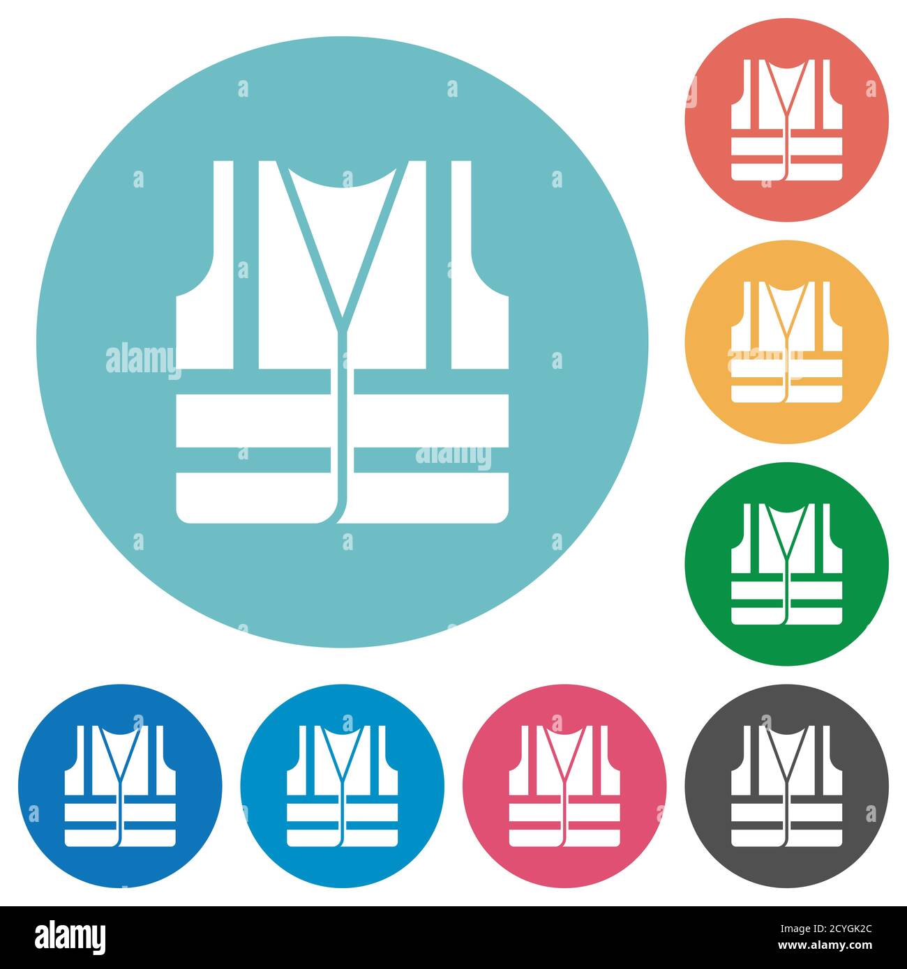 High visibility safety vest flat white icons on round color backgrounds ...