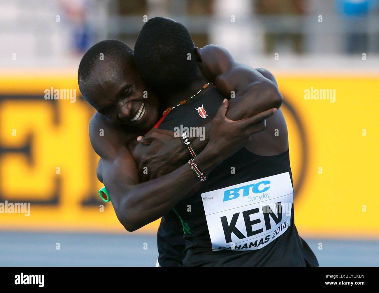 Kenya S Ferguson Rotich Cheruiyot L And Alfred Kipketer Embrace After Kenya Won The Men S 4x800 Metres Relay Event During The Iaaf World Relays Championships In Nassau Bahamas May 24 2014 Reuters Mike Segar