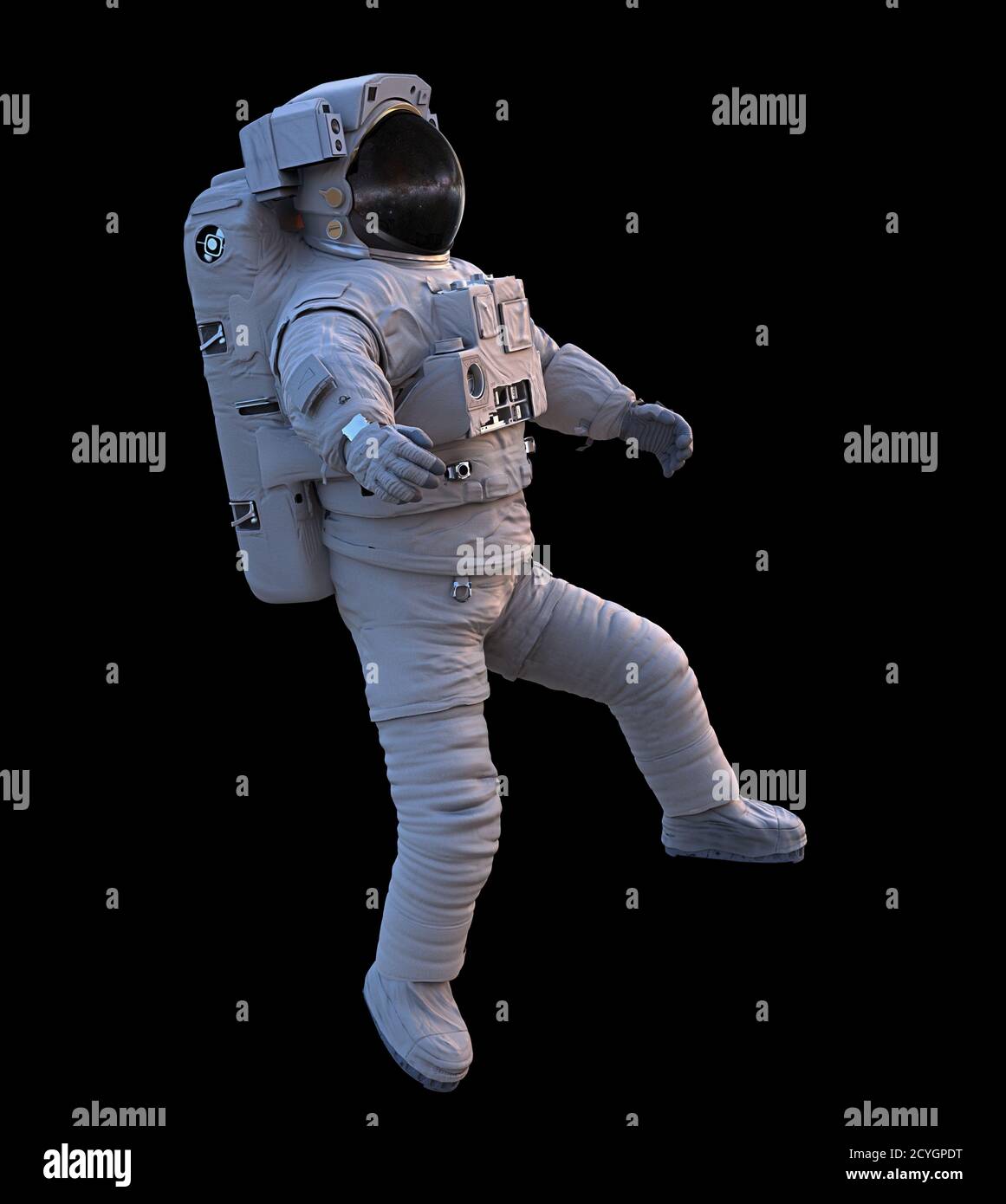 astronaut performing a spacewalk, isolated on black background Stock Photo