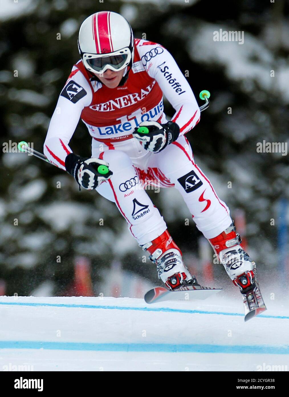 Andrea Fischbacher of Austria makes a turn during alpine skiing training at the Women's World Cup Downhill in Lake Louise, Alberta December 2, 2010.  REUTERS/Mike Blake    (CANADA - Tags: SPORT SKIING) Stock Photo