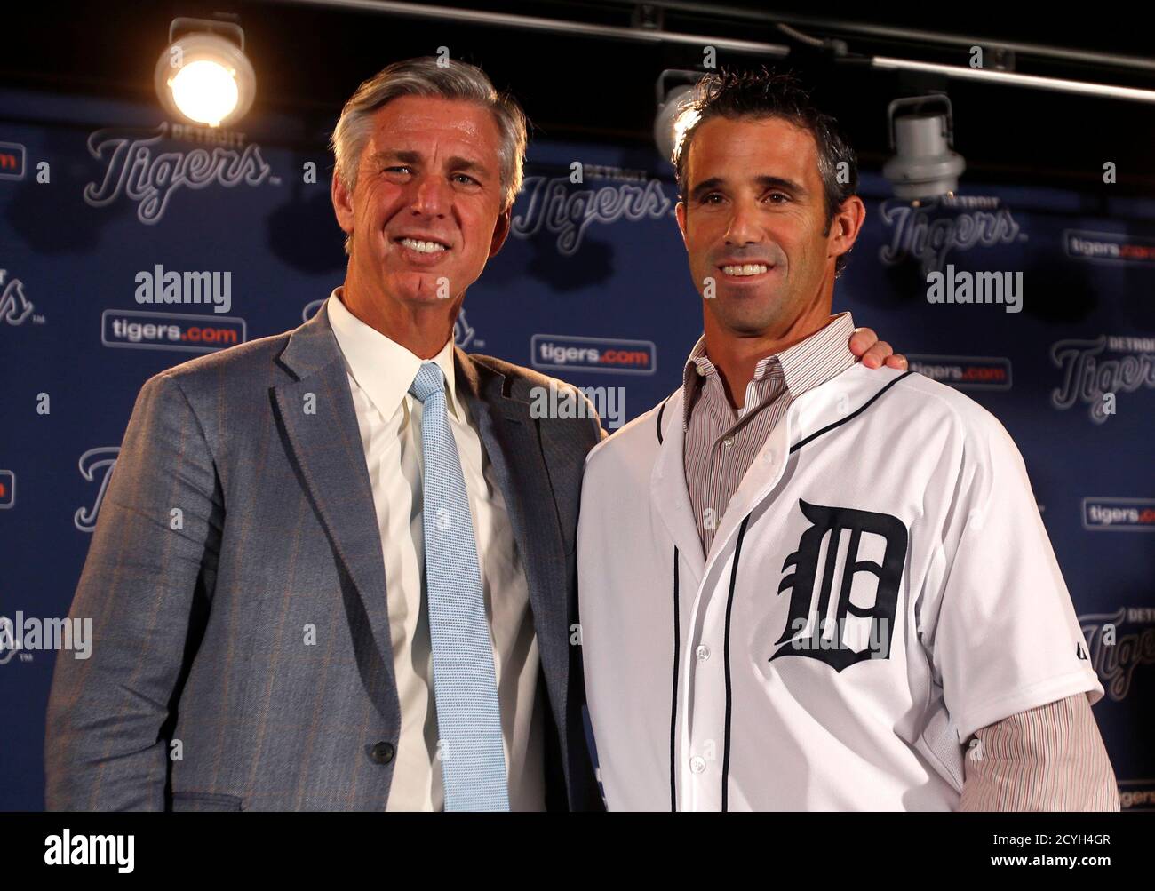 Detroit Tigers General Manager Dave Dombrowski (L ) and newly named Tigers manager Brad Ausmus pose together during a press conference where Ausmus was named the 37th manager in franchise history of the Tigers in Detroit, Michigan November 3, 2013.   REUTERS/Rebecca Cook  (UNITED STATES - Tags: SPORT BASEBALL) Stock Photo