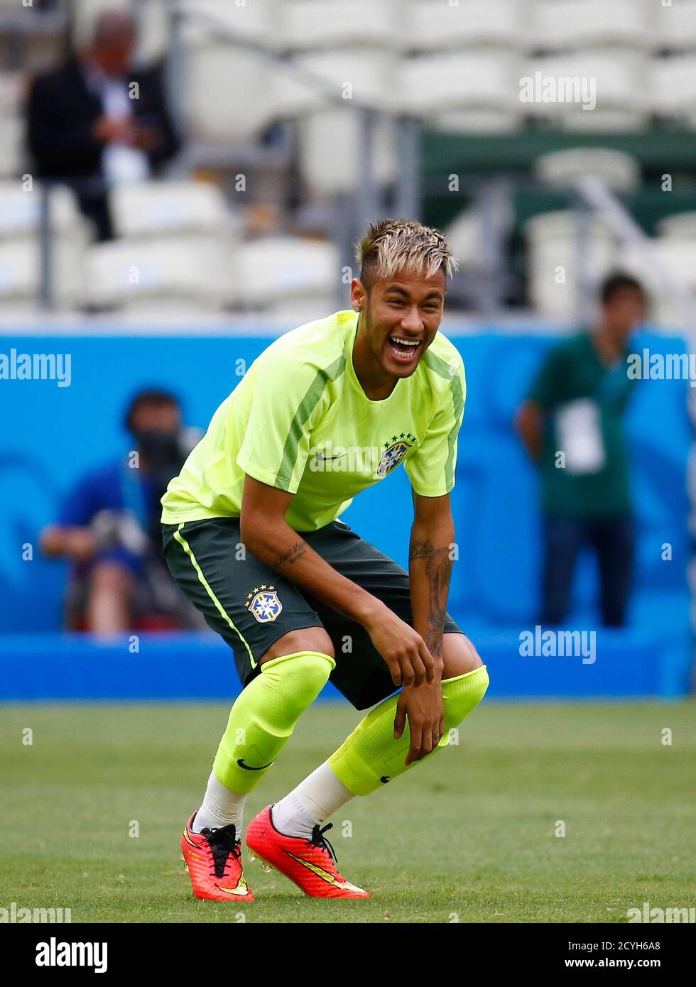 Brazil's national soccer player Neymar laughs during their final training  session in Fortaleza June 16, 2014. Brazil will face Mexico in the team's  second 2014 World Cup Group A soccer match on