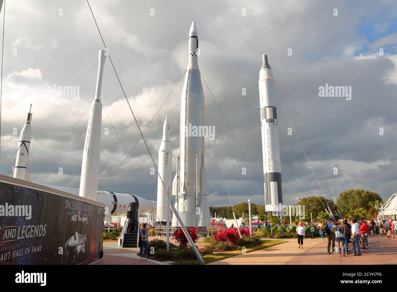 Rockets demonstrating NASA space technology over decades at the Kennedy Space Center, Cape Canaveral, USA Stock Photo