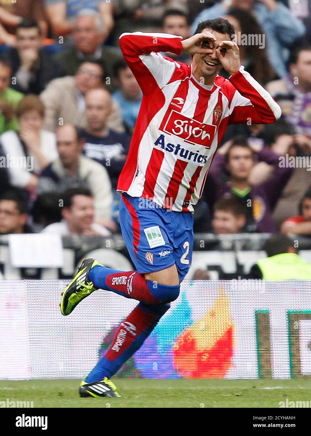 Sporting Gijon's Miguel De las Cuevas celebrates his goal against Real  Madrid during their Spanish first division soccer match at Santiago  Bernabeu stadium in Madrid April 2, 2011. Gijon won the match