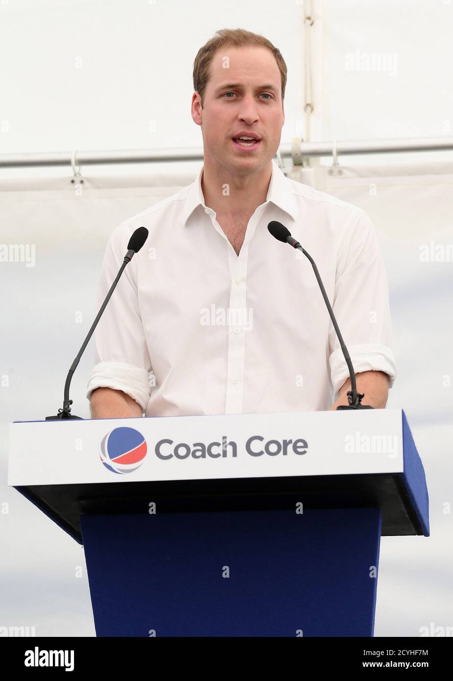 Britain's Prince William gives a speech during a visit to Bacon's college  to launch the Coach core sports programme, which is a partnership between  the Royal Foundation of The Duke and Duchess