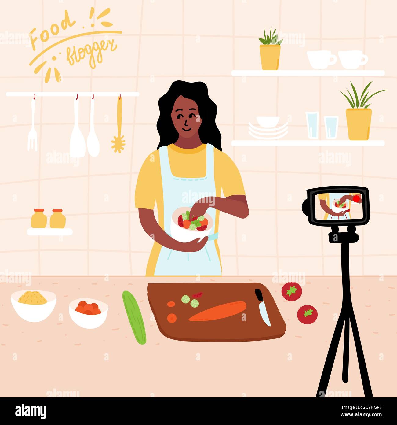 Black african Food blogger. Female chef make salad in kitchen while  recording video using camera online video channel. Cook healthy food at  home Stock Vector Image & Art - Alamy