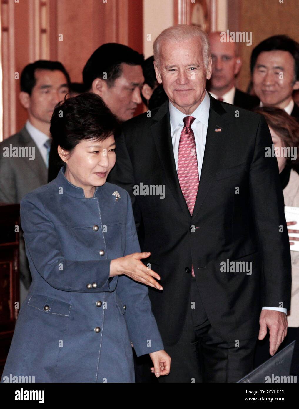 South Korean President Park Geun Hye Front Escorts U S Vice President Joe Biden As He Arrives Before Their Meeting At The Presidential Blue House In Seoul December 6 13 Reuters Ahn Young Joon Pool South Korea