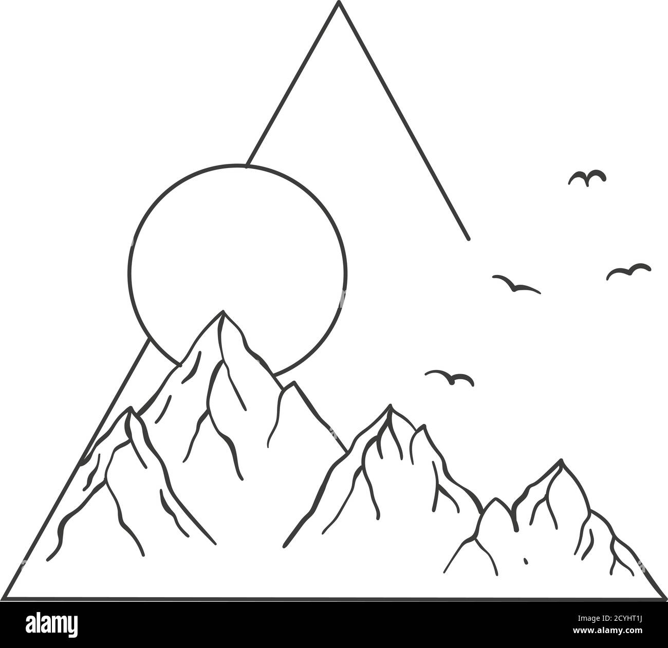 Mountains, sun and clouds inscribed in a triangle. Stock Vector