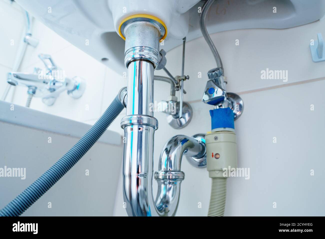 plumbing drain pipe In bathroom Stock Photo
