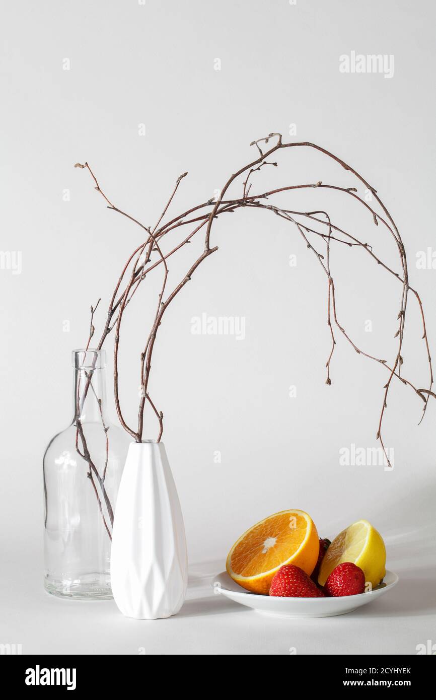 tree branches in vases hanging on fruit lemon, orange, strawberry. autumn still life. autumn immunity concept. copy space Stock Photo