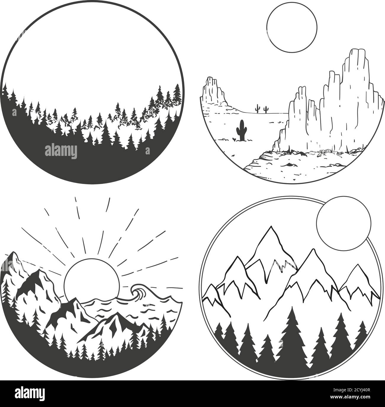 Mountains, sun, and clouds in geometric shapes. Stock Vector